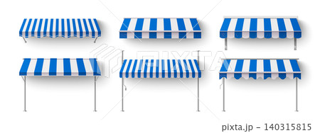 Classic store marquee roof, blue striped awning 140315815