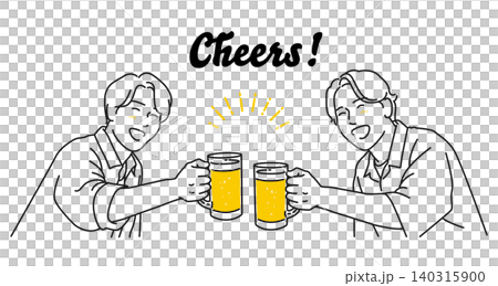 Line art vector illustration of men toasting with beer mugs in hand. White background. Summer beer garden. 140315900