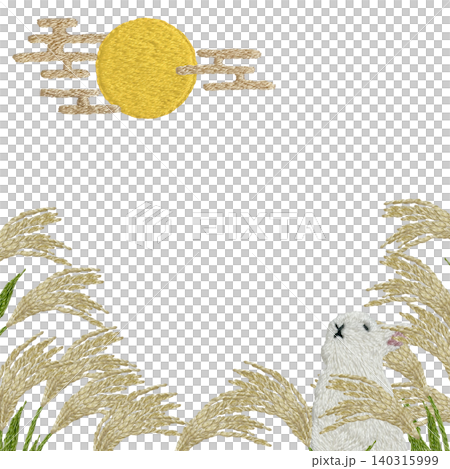 [以蒲葦草、月亮和兔子為圖案的邊框] 手工刺繡插畫材料 140315999
