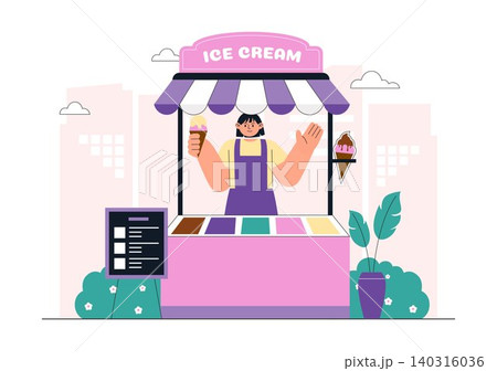 Ice Cream Shop Vector Illustration Featuring Ice Cream Cart, Gelato Storefront, Frozen Dessert Business, Sweet Treat Vendor, and Summer Refreshments Ice Cream Shop Vector Illustration Featuring Ice Cream Cart, Gelato Storefront, Frozen Dessert Business, Sweet Treat Vendor, and Summer Refreshments 140316036