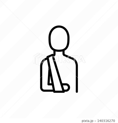 Injured man with bandaged arm thin line icon. Broken arm in medical sling vector illustration. First aid, accidental trauma care, and healthcare concept. 140316270