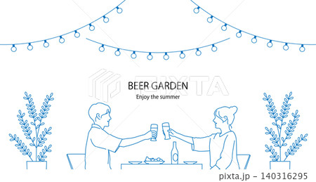 ビアガーデンで乾杯している男女の線画イラスト素材 ベクター 夏 ビール 白背景 ビアガーデンで乾杯している男女の線画イラスト素材 ベクター 夏 ビール 白背景 140316295
