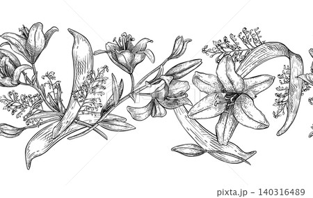 Lily flowers outline vector seamless border. Botanical black and white hand drawn illustration for wallpaper, greeting card, invitation. Lily repeat background for fabric print and pattern design. Lily flowers outline vector seamless border. Botanical black and white hand drawn illustration for wallpaper, greeting card, invitation. Lily repeat background for fabric print and pattern design. 140316489