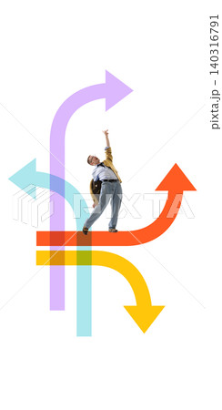Businessman reaching upward between colorful directional arrows. Businessman reaching upward between colorful directional arrows. 140316791