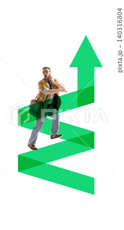 Businessman climbing green upward arrow path with phone and bag. Businessman climbing green upward arrow path with phone and bag. 140316804
