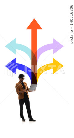 Businessman using laptop below branching arrows in abstract direction scene. Businessman using laptop below branching arrows in abstract direction scene. 140316806