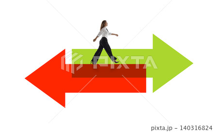 Businesswoman walking forward over opposite arrows in abstract choice scene. 140316824
