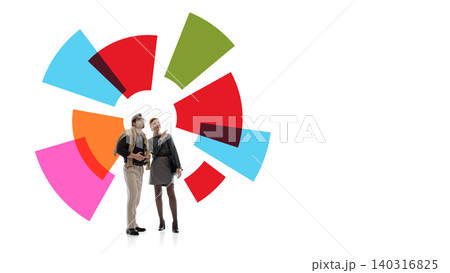 Business couple exploring colorful circular strategy chart in abstract planning scene. 140316825