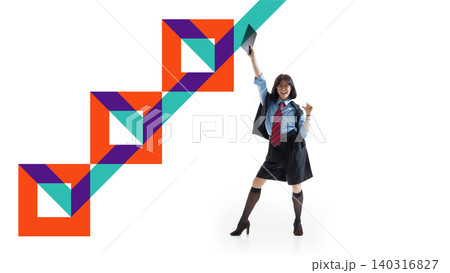 Cheerful businesswoman celebrating upward geometric growth in abstract success scene Cheerful businesswoman celebrating upward geometric growth in abstract success scene 140316827