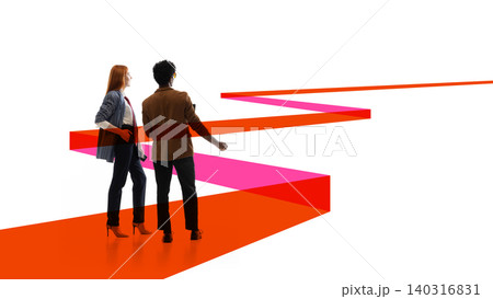 Business partners facing winding red route in abstract strategy scene. Business partners facing winding red route in abstract strategy scene. 140316831