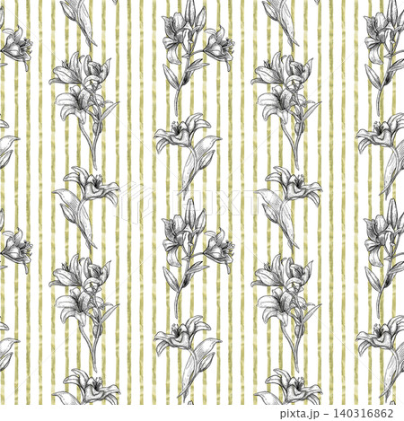 Black white lily flower pattern with sage green vertical stripes isolated. Seamless background with hand drawn botanical hatching art. Outline floral wallpaper print for textile design and packaging. Black white lily flower pattern with sage green vertical stripes isolated. Seamless background with hand drawn botanical hatching art. Outline floral wallpaper print for textile design and packaging. 140316862