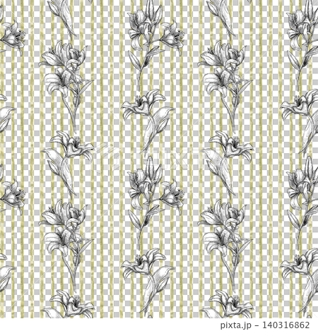 Black white lily flower pattern with sage green vertical stripes isolated. Seamless background with hand drawn botanical hatching art. Outline floral wallpaper print for textile design and packaging. Black white lily flower pattern with sage green vertical stripes isolated. Seamless background with hand drawn botanical hatching art. Outline floral wallpaper print for textile design and packaging. 140316862