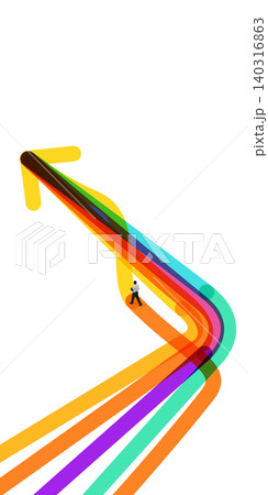 Businessman walking on orange upward path inside colorful arrow routes. Businessman walking on orange upward path inside colorful arrow routes. 140316863