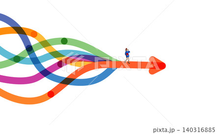 Businesswoman walking on orange arrow through colorful business flow Businesswoman walking on orange arrow through colorful business flow 140316885