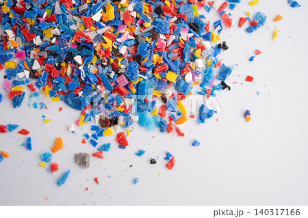 Plastic colorful pieces recycling shredded for industrial use. 140317166