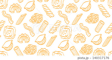Vector doodle spaghetti for pasta background bg and seamless farfalle penne. Pattern italy sketch for gourmet border flat and outline noodle drawn. Pizza cavatappi tortellini for design. 140317176