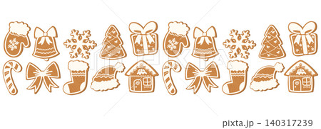 Frame gingerbread border candy tree trim cookie Christmas house. This vintage print design with a line of gingerbread men and candy cane decor for a fun winter background. A brown biscuit. 140317239