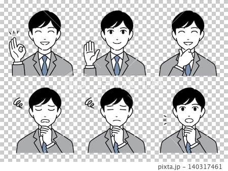 スーツ姿の若い男性のイラスト　モノトーン　表情セット3 140317461