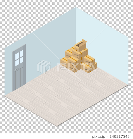 ホワイトオークの床の部屋に積まれた引っ越し用ダンボールのイラスト ホワイトオークの床の部屋に積まれた引っ越し用ダンボールのイラスト 140317543