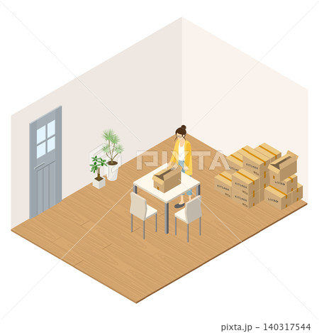 明るい木目の部屋でダンボールの荷造りをする女性のイラスト 明るい木目の部屋でダンボールの荷造りをする女性のイラスト 140317544