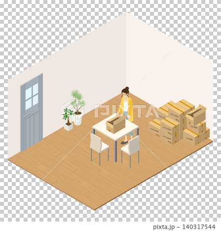 明るい木目の部屋でダンボールの荷造りをする女性のイラスト 明るい木目の部屋でダンボールの荷造りをする女性のイラスト 140317544