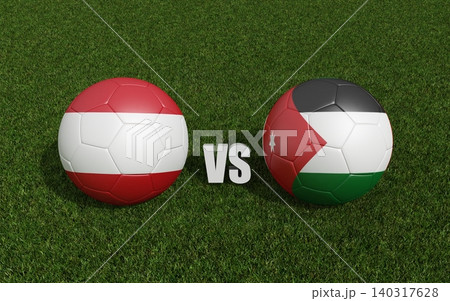 Footballs in flags colors on grass , Austria with Jordan. 3d rendering 140317628