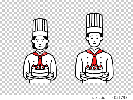 A male and female pastry chef holding a cake 140317983