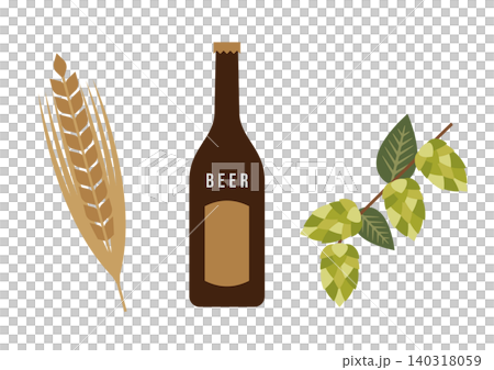 Illustration of a beer bottle and the ingredients of barley and hops. Illustration of a beer bottle and the ingredients of barley and hops. 140318059