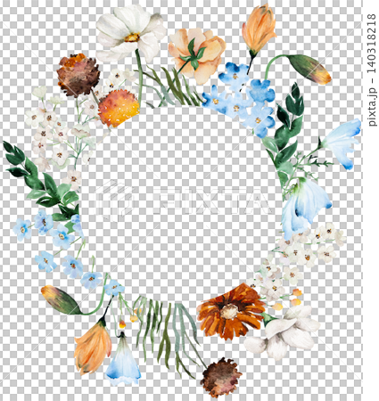 Watercolor frame with blue, ivory and orange wildflowers, illustration for wedding stationery Watercolor frame with blue, ivory and orange wildflowers, illustration for wedding stationery 140318218