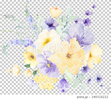 Watercolor bouquet with light purple and yellow flowers, isolated illustration for wedding stationery Watercolor bouquet with light purple and yellow flowers, isolated illustration for wedding stationery 140318222