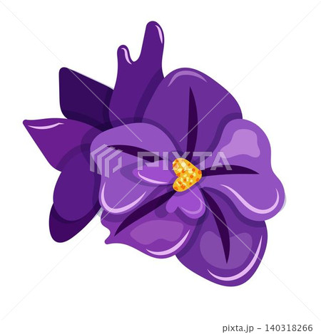 A single purple violet flower with intricate petal details and a bright yellow center; isolated on a white background. 140318266