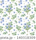 Watercolor light blue spring hepatica flowers and eucalyptus branches seamless pattern on isolated background. Hand drawn spring floral ornate for textile design, wallpaper, wrapping paper 140318309