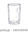 Empty glass cup hand drawn sketch. Transparent vessel for water or beverage illustration in black and white ink style. Simple line art drawing of kitchenware item for restaurant menu design. 140318348