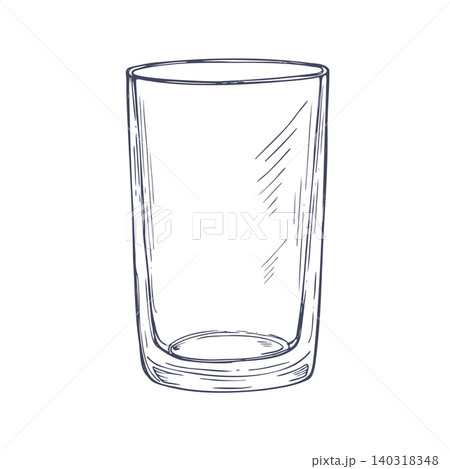 Empty glass cup hand drawn sketch. Transparent vessel for water or beverage illustration in black and white ink style. Simple line art drawing of kitchenware item for restaurant menu design. Empty glass cup hand drawn sketch. Transparent vessel for water or beverage illustration in black and white ink style. Simple line art drawing of kitchenware item for restaurant menu design. 140318348