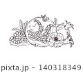 Pomegranate fruit with seed and flower line art black ink sketch. Hand drawn ripe sliced open fruits etching drawing for kitchen decor, cooking recipe, menu design and food label. 140318349