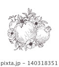 Pomegranate fruits with flowers and leaves black and white drawing. Whole fruit among blooming branches botanical sketch. Vintage engraved style design element for menu, cosmetic packaging, label 140318351