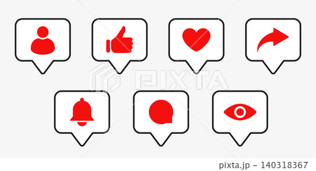 Social media notification icon set illustration with profile, like, heart, share, bell, comment and view symbols in speech bubbles for app interface, online content, message and digital design Social media notification icon set illustration with profile, like, heart, share, bell, comment and view symbols in speech bubbles for app interface, online content, message and digital design 140318367