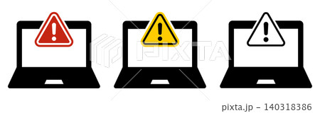 Laptop warning alert icon set illustration with caution triangle symbols on computer screens, cyber risk notice concept for security error, system problem, digital safety and technology design 140318386