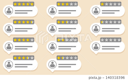 Customer rating review cards illustration with different star scores, user profile icons and feedback text bubbles, online testimonial template for app, website, service quality and survey design 140318396