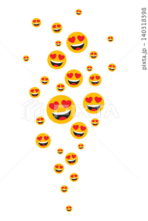 Floating heart eyes smiley faces illustration, happy yellow love reaction symbols with red hearts and laughing mouths, scattered social media emoticon pattern for chat, app, sticker and digital design Floating heart eyes smiley faces illustration, happy yellow love reaction symbols with red hearts and laughing mouths, scattered social media emoticon pattern for chat, app, sticker and digital design 140318398