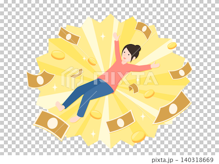 たくさんのお金に囲まれて喜んでいる女性のフラットデザインイラスト 140318669