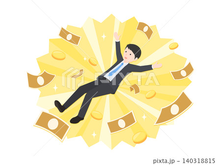 たくさんのお金に囲まれて喜んでいるビジネスマンのフラットデザインイラスト たくさんのお金に囲まれて喜んでいるビジネスマンのフラットデザインイラスト 140318815