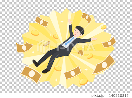 たくさんのお金に囲まれて喜んでいるビジネスマンのフラットデザインイラスト たくさんのお金に囲まれて喜んでいるビジネスマンのフラットデザインイラスト 140318815