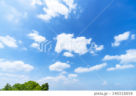 初夏の青空と雲と樹木 140318859