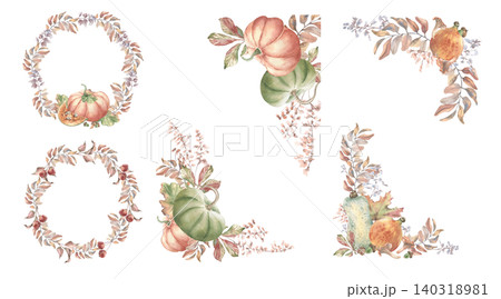 Autumn set with pumpkin and maple leaf watercolor illustration isolated. Fall harvest wreath and corner border hand drawn. Thanksgiving and fall season design elements for cards or invitations. Autumn set with pumpkin and maple leaf watercolor illustration isolated. Fall harvest wreath and corner border hand drawn. Thanksgiving and fall season design elements for cards or invitations. 140318981