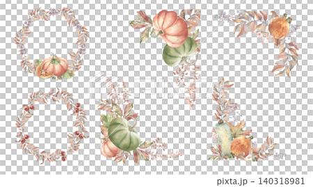 Autumn set with pumpkin and maple leaf watercolor illustration isolated. Fall harvest wreath and corner border hand drawn. Thanksgiving and fall season design elements for cards or invitations. Autumn set with pumpkin and maple leaf watercolor illustration isolated. Fall harvest wreath and corner border hand drawn. Thanksgiving and fall season design elements for cards or invitations. 140318981