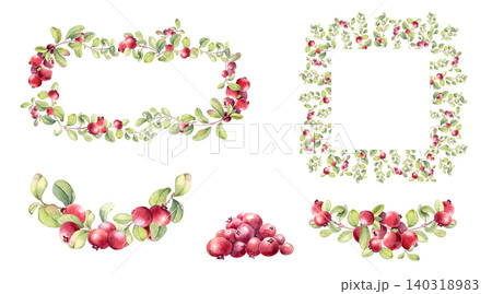 Berry watercolor set with lingonberry frames and elements isolated on white. Vibrant berries clipart hand drawn sketch. Botanical drawing for greeting card, packaging. Superfood frame and wreath. Berry watercolor set with lingonberry frames and elements isolated on white. Vibrant berries clipart hand drawn sketch. Botanical drawing for greeting card, packaging. Superfood frame and wreath. 140318983