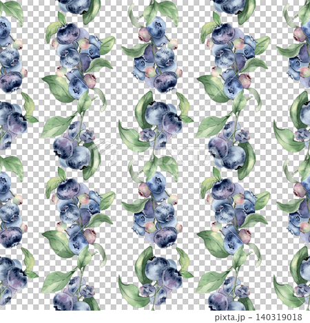 Seamless blueberry bush pattern with hand painted watercolor foliage isolated. Artistic botanical wallpaper with fresh berry for textile design and culinary wrapping paper. Organic food art. Seamless blueberry bush pattern with hand painted watercolor foliage isolated. Artistic botanical wallpaper with fresh berry for textile design and culinary wrapping paper. Organic food art. 140319018