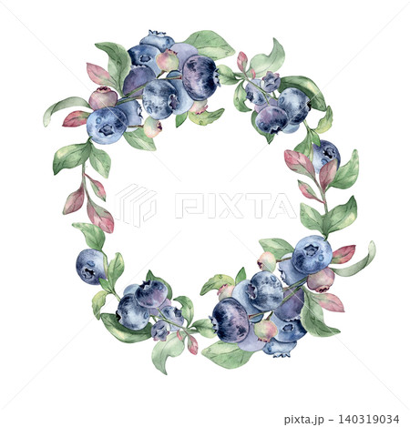 Watercolor wreath of blue blueberry and soft foliage isolated. Illustration of dew drops on berries arranged in circle frame. Fresh ripe fruits drawing for greeting, invitation and stationery design. 140319034