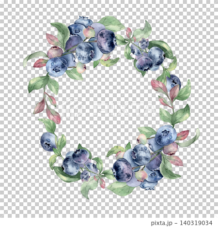 Watercolor wreath of blue blueberry and soft foliage isolated. Illustration of dew drops on berries arranged in circle frame. Fresh ripe fruits drawing for greeting, invitation and stationery design. 140319034